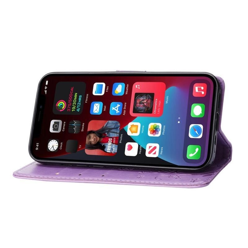 Flower PU kožené peněženkové pouzdro na mobil iPhone 14 6.1 - světlefialové