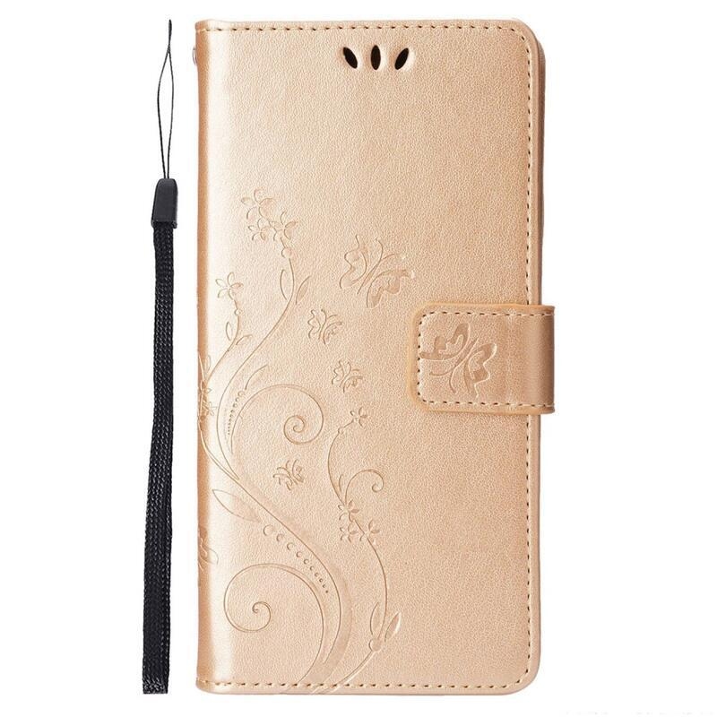 Flower PU kožené peněženkové pouzdro na mobil iPhone 14 6.1 - zlaté