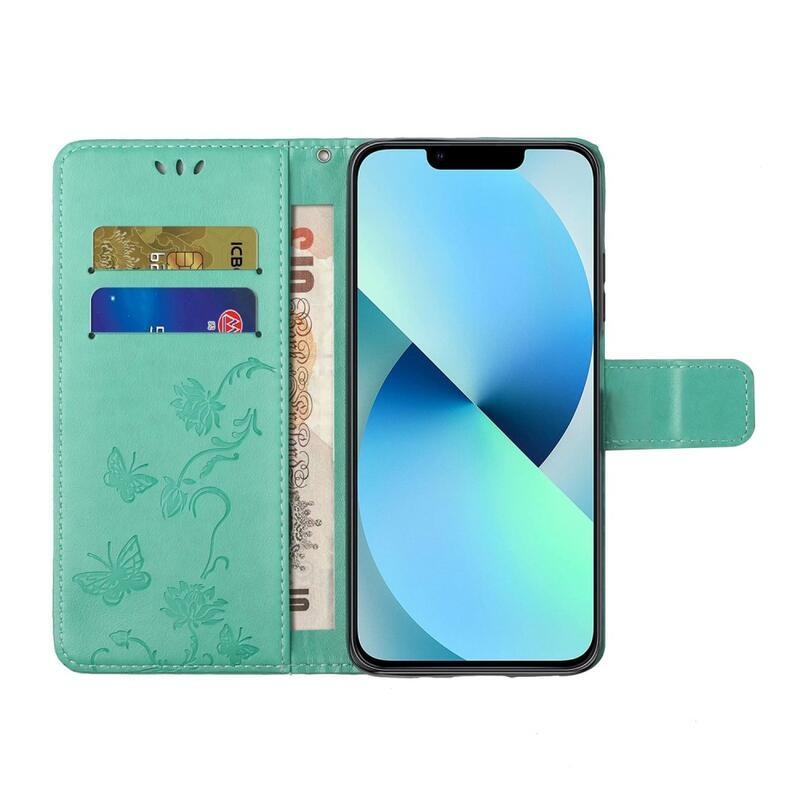 Flower PU kožené peněženkové pouzdro na mobil iPhone 14 Pro 6.1 - azurové
