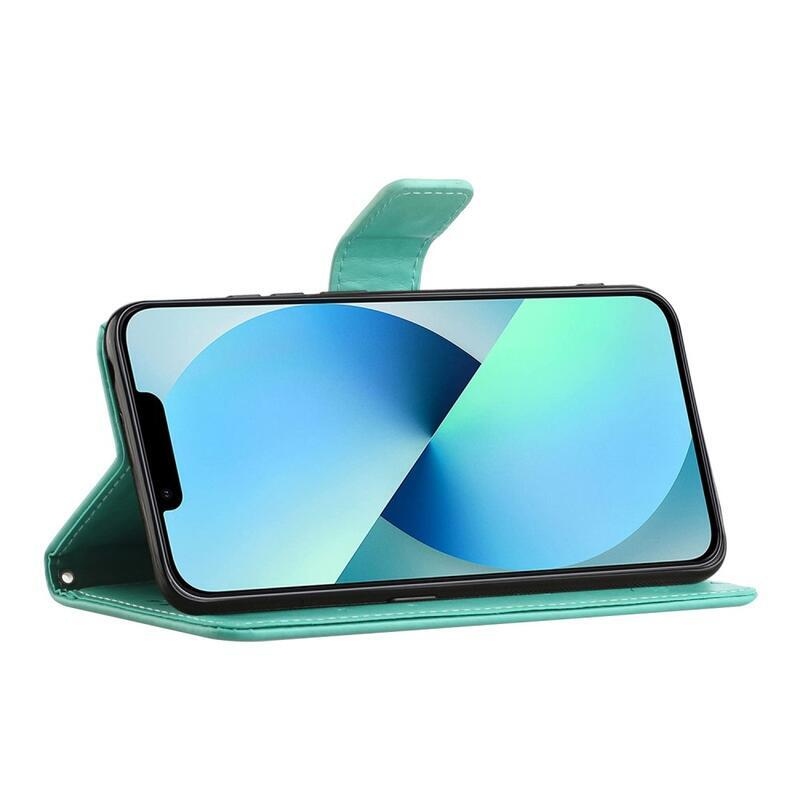 Flower PU kožené peněženkové pouzdro na mobil iPhone 14 Pro 6.1 - azurové