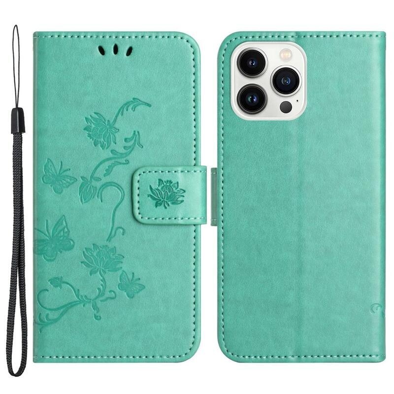 Flower PU kožené peněženkové pouzdro na mobil iPhone 14 Pro 6.1 - azurové