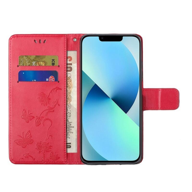 Flower PU kožené peněženkové pouzdro na mobil iPhone 14 Pro 6.1 - červené