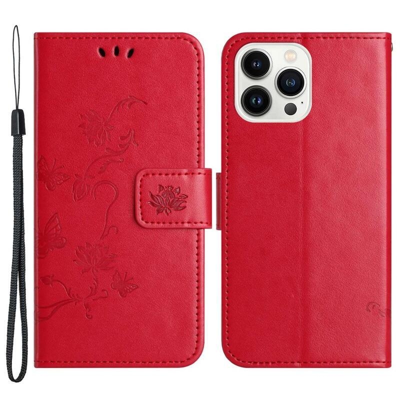 Flower PU kožené peněženkové pouzdro na mobil iPhone 14 Pro 6.1 - červené
