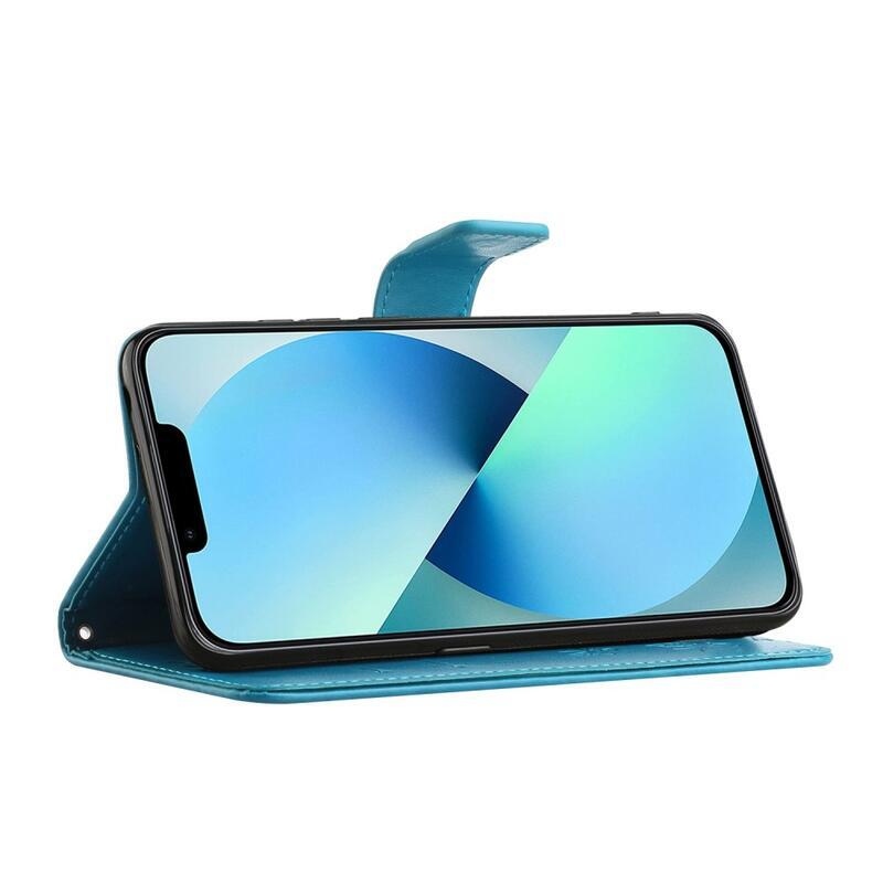 Flower PU kožené peněženkové pouzdro na mobil iPhone 14 Pro 6.1 - modré