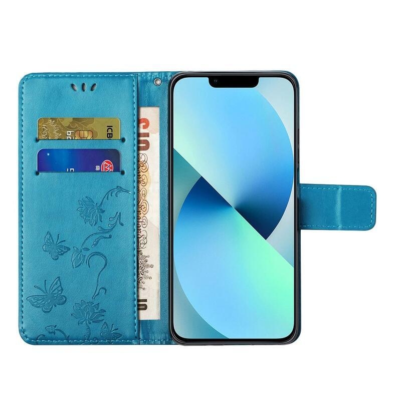 Flower PU kožené peněženkové pouzdro na mobil iPhone 14 Pro 6.1 - modré