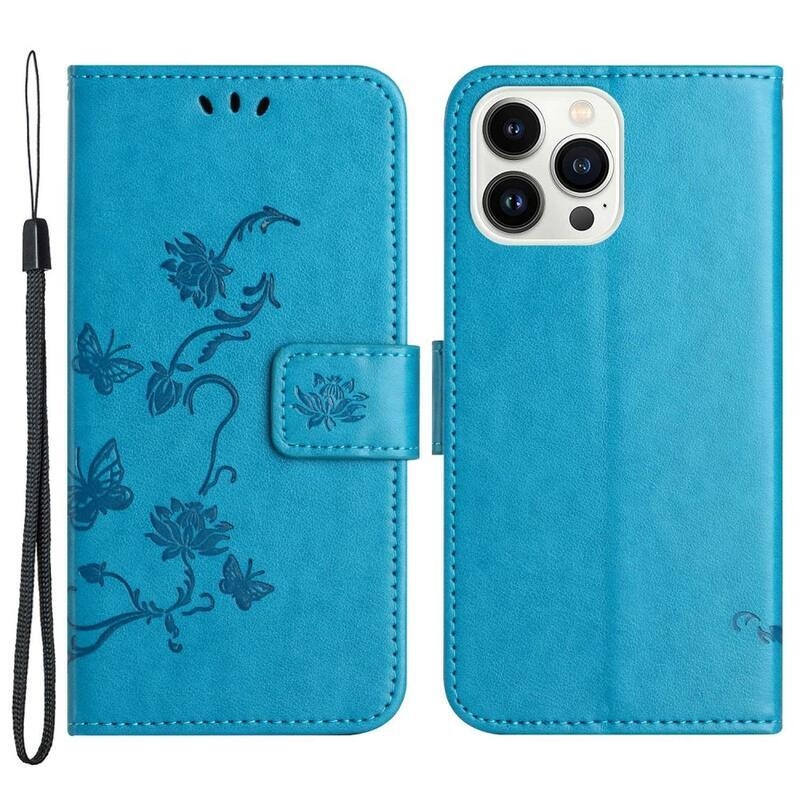 Flower PU kožené peněženkové pouzdro na mobil iPhone 14 Pro 6.1 - modré
