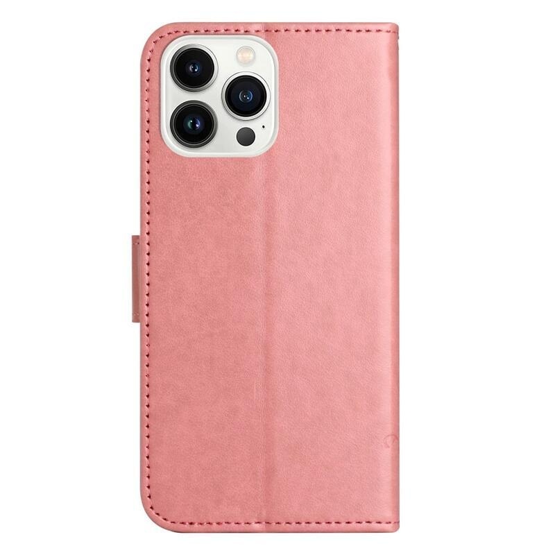 Flower PU kožené peněženkové pouzdro na mobil iPhone 14 Pro 6.1 - růžové