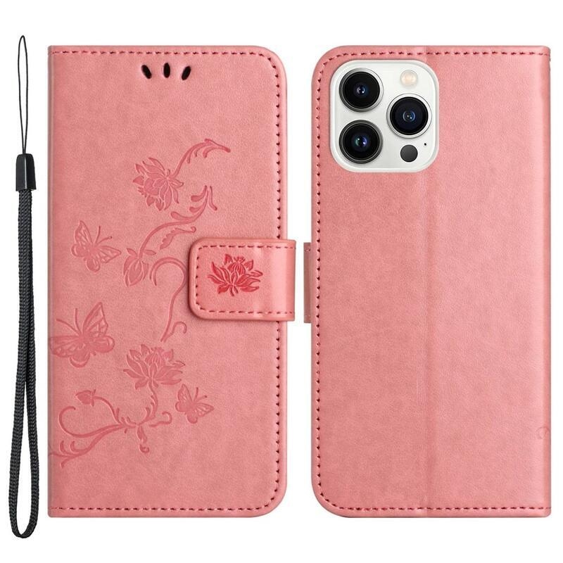 Flower PU kožené peněženkové pouzdro na mobil iPhone 14 Pro 6.1 - růžové