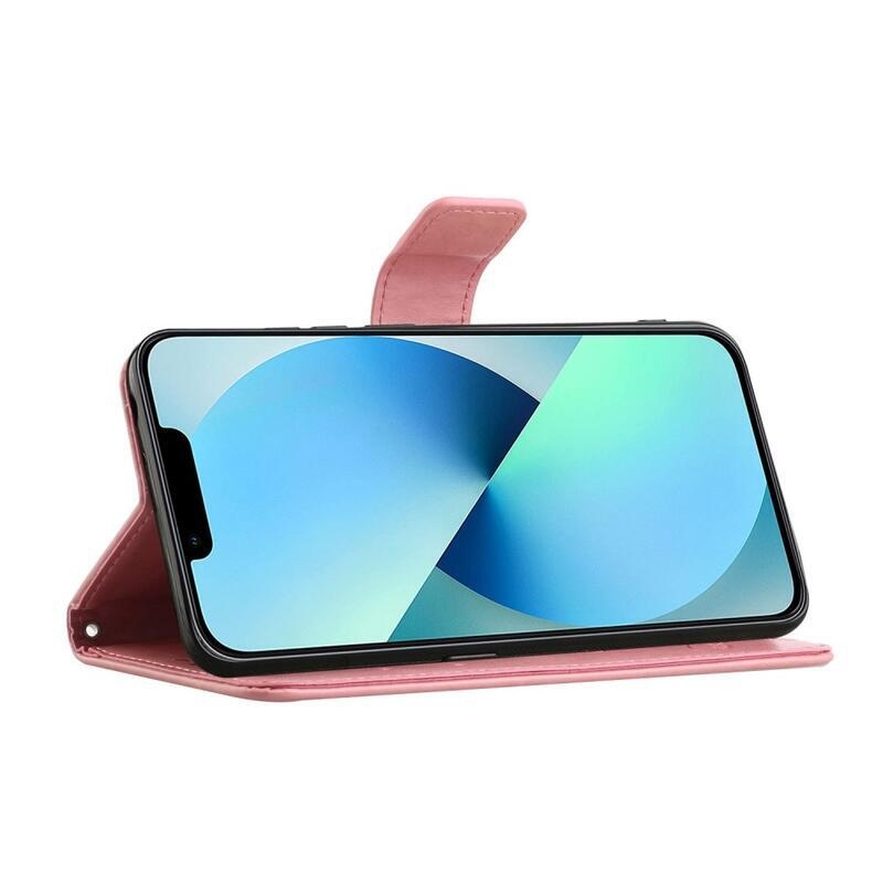 Flower PU kožené peněženkové pouzdro na mobil iPhone 14 Pro 6.1 - růžové