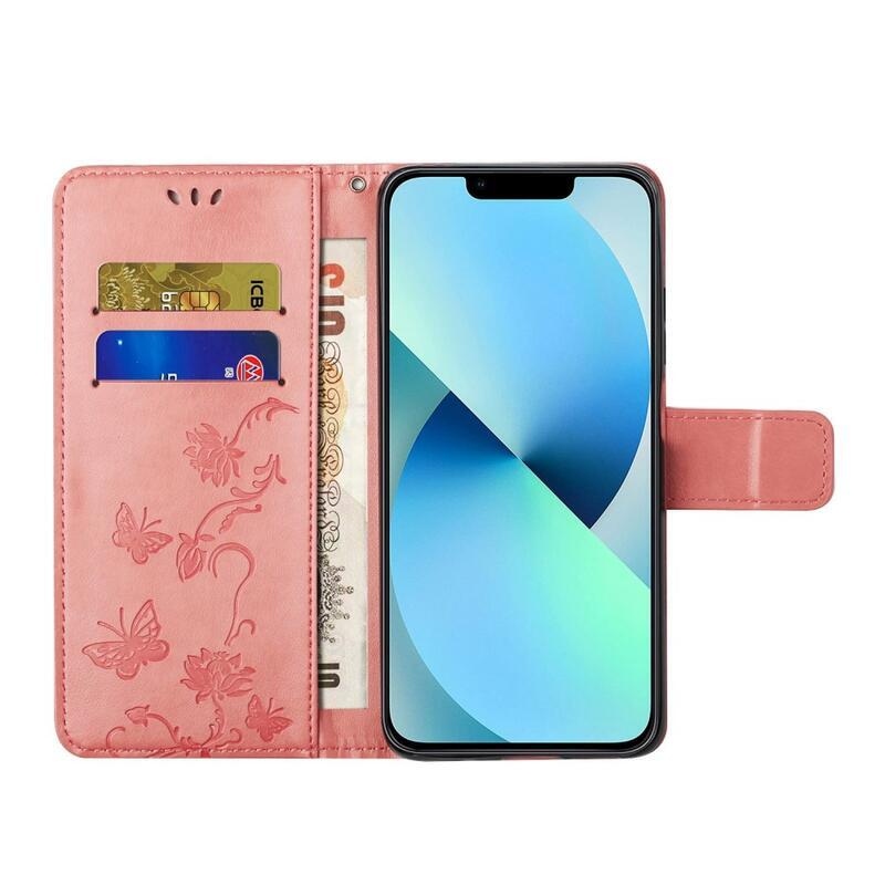 Flower PU kožené peněženkové pouzdro na mobil iPhone 14 Pro 6.1 - růžové