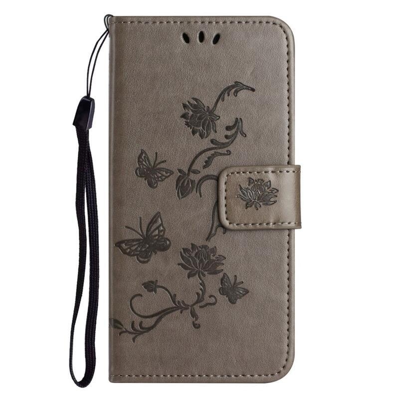 Flower PU kožené peněženkové pouzdro na mobil iPhone 14 Pro 6.1 - šedé