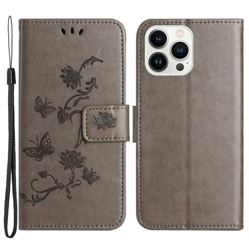 Flower PU kožené peněženkové pouzdro na mobil iPhone 14 Pro 6.1 - šedé