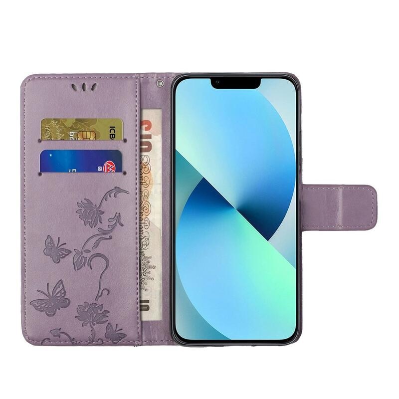 Flower PU kožené peněženkové pouzdro na mobil iPhone 14 Pro 6.1 - světlefialové