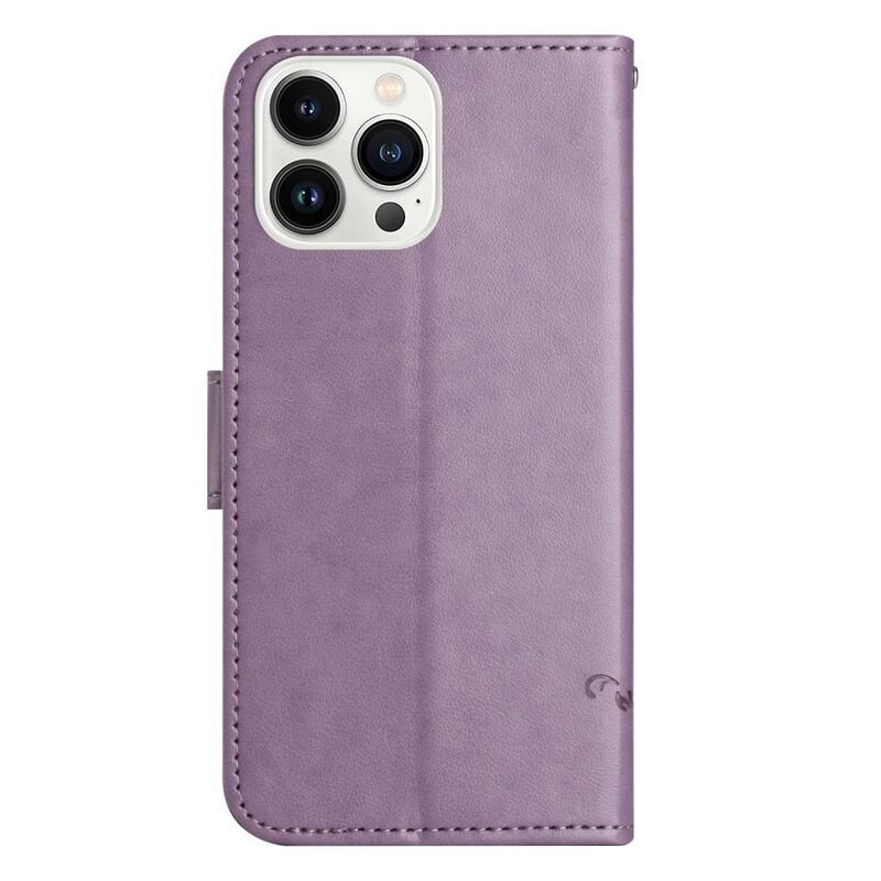 Flower PU kožené peněženkové pouzdro na mobil iPhone 14 Pro 6.1 - světlefialové