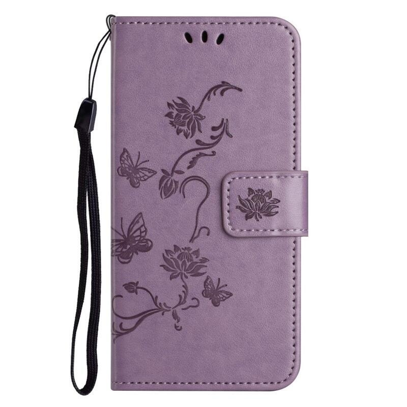 Flower PU kožené peněženkové pouzdro na mobil iPhone 14 Pro 6.1 - světlefialové