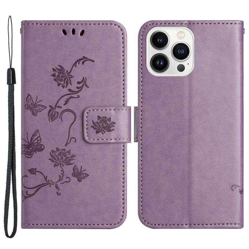 Flower PU kožené peněženkové pouzdro na mobil iPhone 14 Pro 6.1 - světlefialové