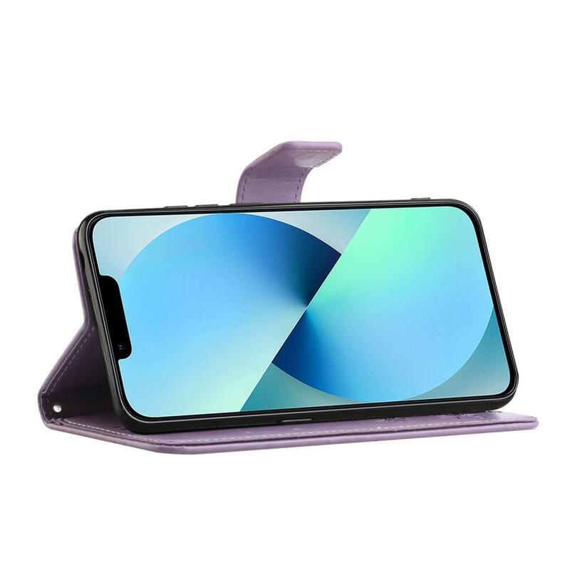 Flower PU kožené peněženkové pouzdro na mobil iPhone 14 Pro 6.1 - světlefialové