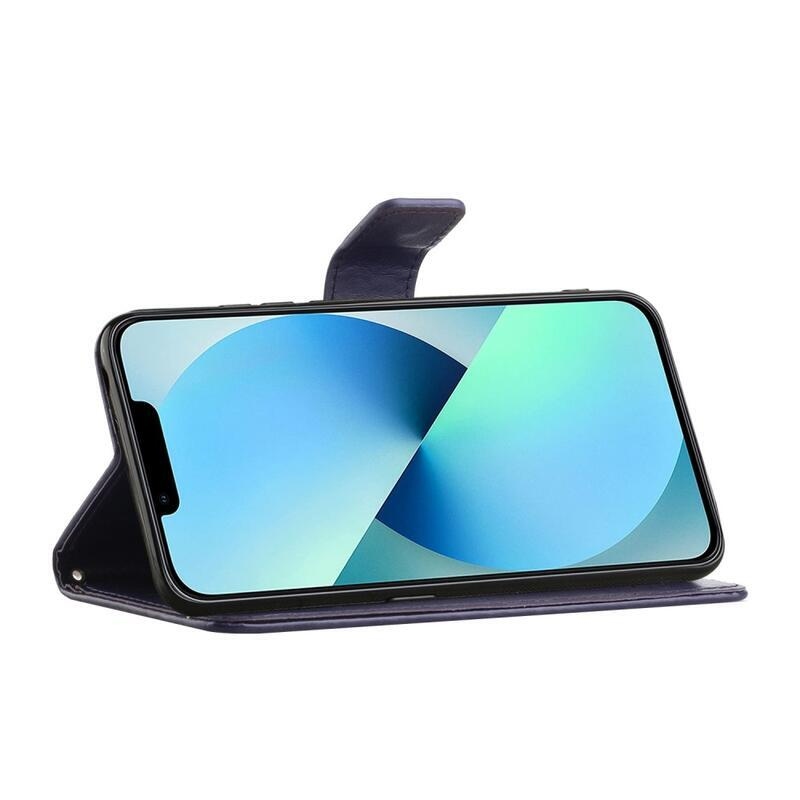 Flower PU kožené peněženkové pouzdro na mobil iPhone 14 Pro 6.1 - tmavěfialové