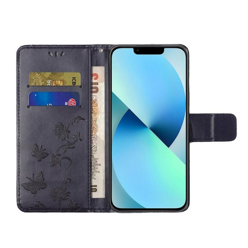 Flower PU kožené peněženkové pouzdro na mobil iPhone 14 Pro 6.1 - tmavěfialové