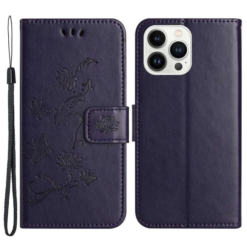 Flower PU kožené peněženkové pouzdro na mobil iPhone 14 Pro 6.1 - tmavěfialové
