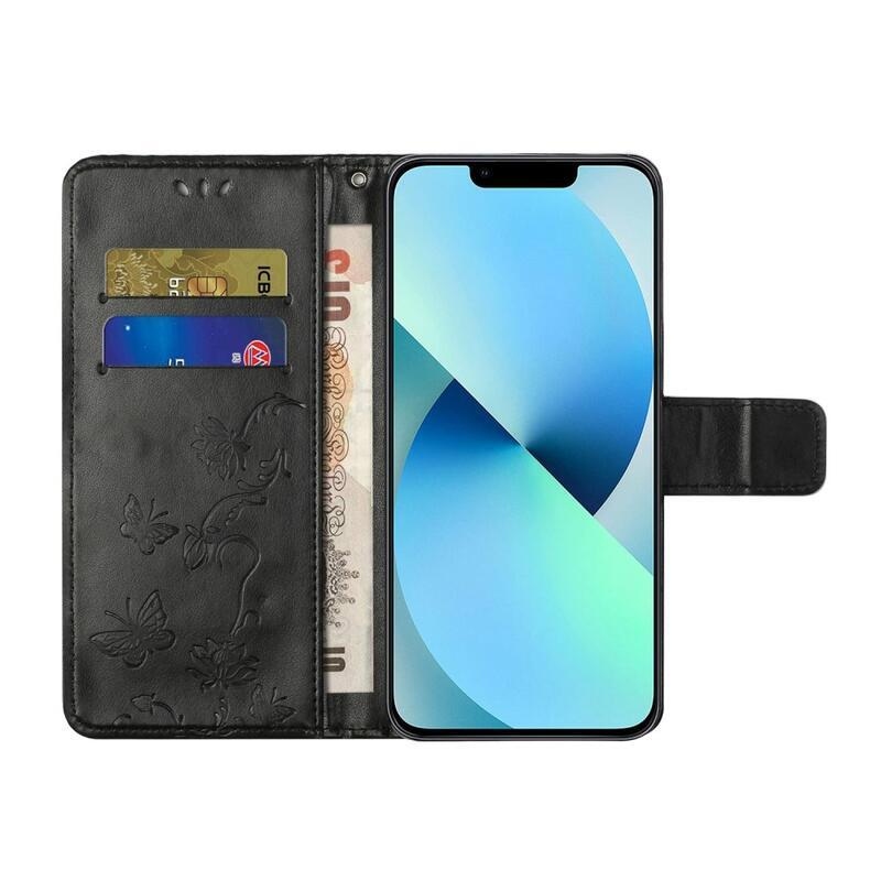 Flower PU kožené peněženkové pouzdro na mobil iPhone 14 Pro Max 6.7 - černé