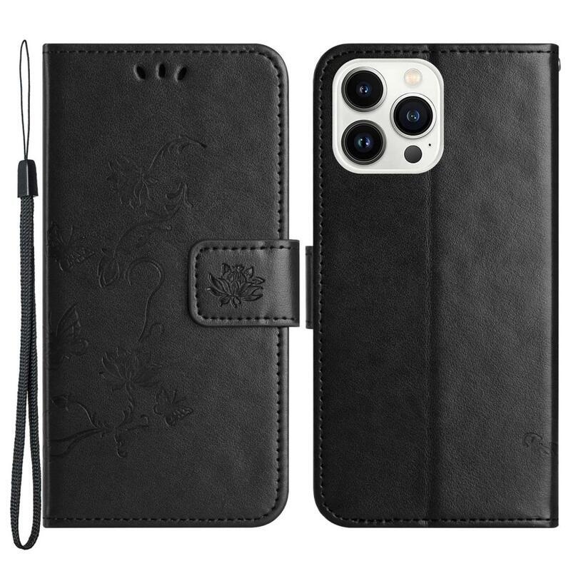 Flower PU kožené peněženkové pouzdro na mobil iPhone 14 Pro Max 6.7 - černé
