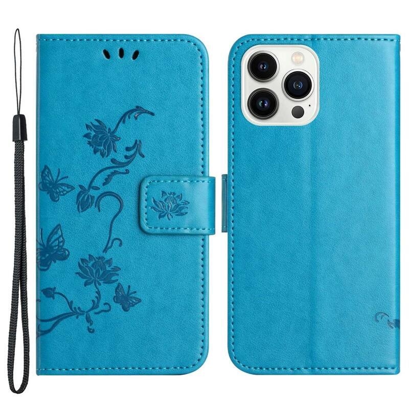 Flower PU kožené peněženkové pouzdro na mobil iPhone 14 Pro Max 6.7 - modré