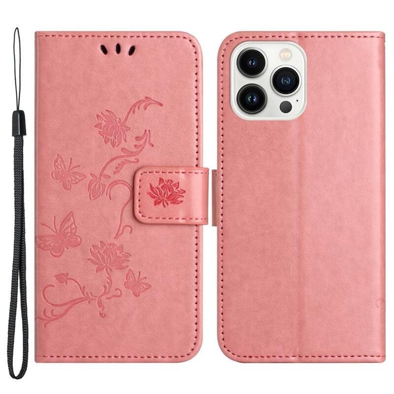 Flower PU kožené peněženkové pouzdro na mobil iPhone 14 Pro Max 6.7 - růžové