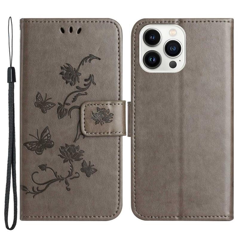 Flower PU kožené peněženkové pouzdro na mobil iPhone 14 Pro Max 6.7 - šedé