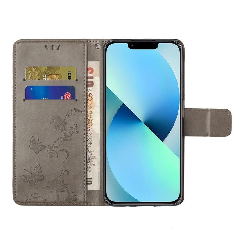 Flower PU kožené peněženkové pouzdro na mobil iPhone 14 Pro Max 6.7 - šedé