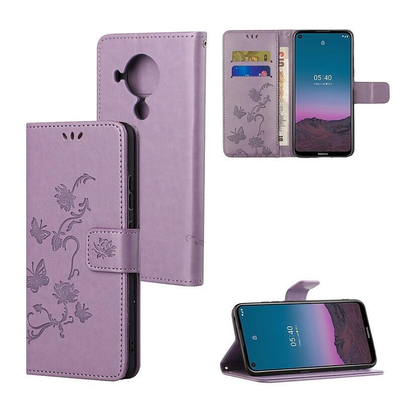 Flower PU kožené peněženkové pouzdro na mobil Nokia 5.4 - světlefialové