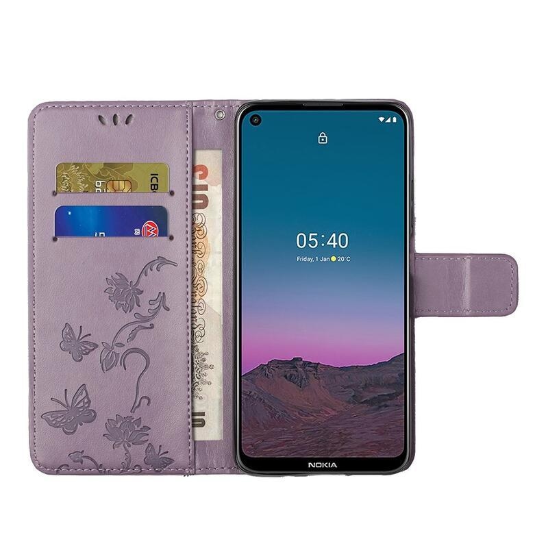Flower PU kožené peněženkové pouzdro na mobil Nokia 5.4 - světlefialové