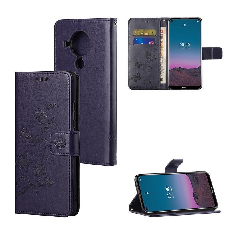 Flower PU kožené peněženkové pouzdro na mobil Nokia 5.4 - tmavěfialové