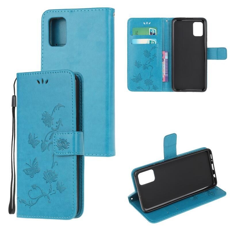 Flower PU kožené peněženkové pouzdro na mobil Samsung Galaxy A02s (164.2x75.9x9.1mm) - modré