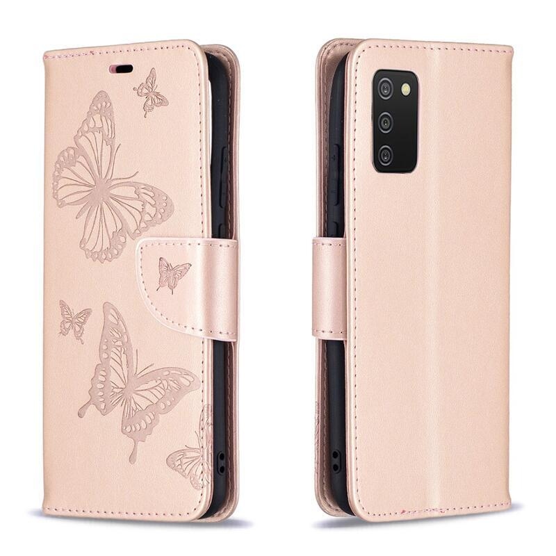 Flower PU kožené peněženkové pouzdro na mobil Samsung Galaxy A02s (164.2x75.9x9.1mm) - růžovozlaté