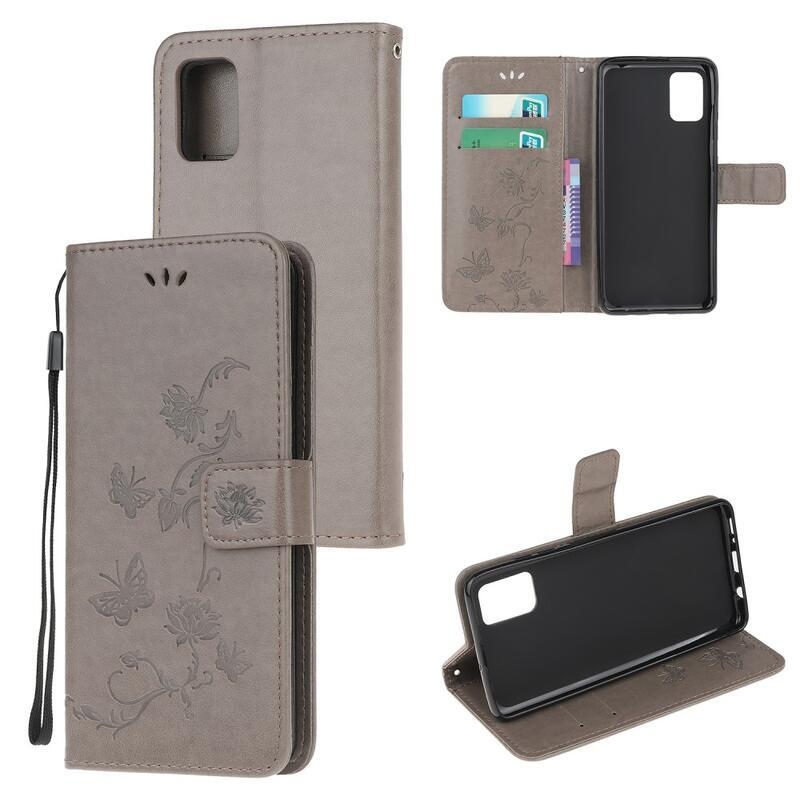 Flower PU kožené peněženkové pouzdro na mobil Samsung Galaxy A02s (164.2x75.9x9.1mm) - šedé