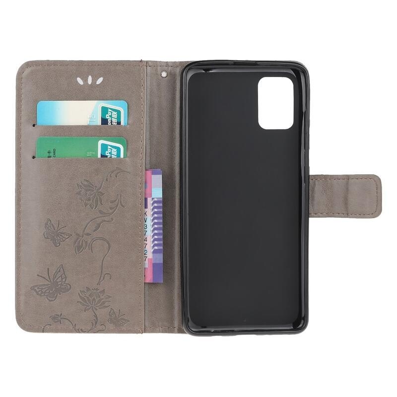 Flower PU kožené peněženkové pouzdro na mobil Samsung Galaxy A02s (164.2x75.9x9.1mm) - šedé
