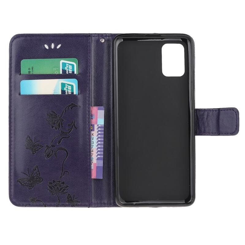 Flower PU kožené peněženkové pouzdro na mobil Samsung Galaxy A02s (164.2x75.9x9.1mm) - tmavěfialové