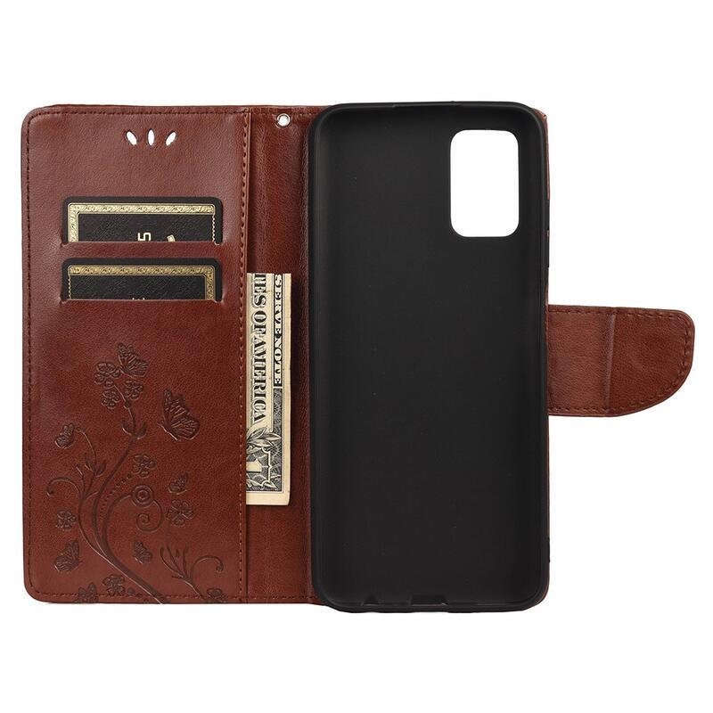 Flower PU kožené peněženkové pouzdro na mobil Samsung Galaxy A03s (166.6 x 75.9 x 9.1mm) - hnědé