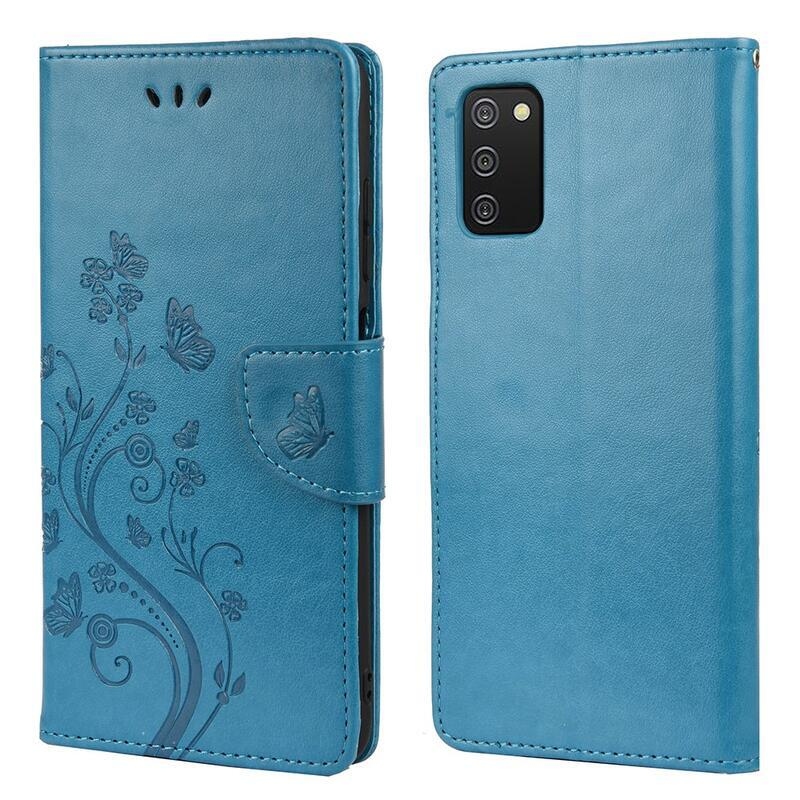 Flower PU kožené peněženkové pouzdro na mobil Samsung Galaxy A03s (166.6 x 75.9 x 9.1mm) - modré