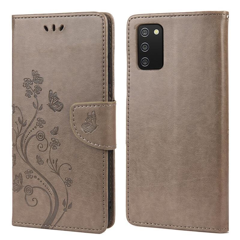 Flower PU kožené peněženkové pouzdro na mobil Samsung Galaxy A03s (166.6 x 75.9 x 9.1mm) - šedé