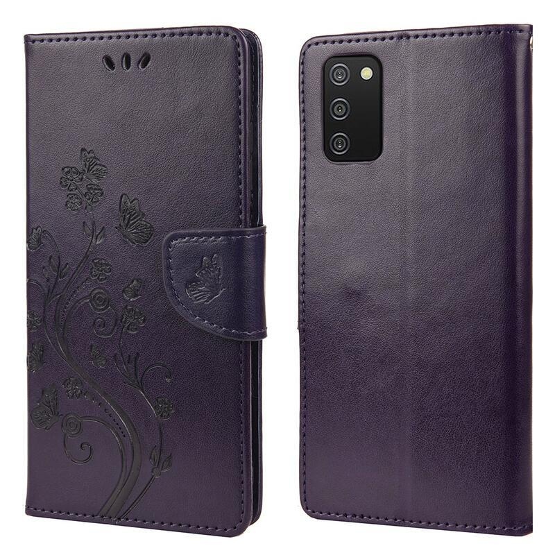 Flower PU kožené peněženkové pouzdro na mobil Samsung Galaxy A03s (166.6 x 75.9 x 9.1mm) - tmavěfialové