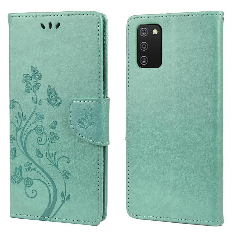 Flower PU kožené peněženkové pouzdro na mobil Samsung Galaxy A03s (166.6 x 75.9 x 9.1mm) - zelené