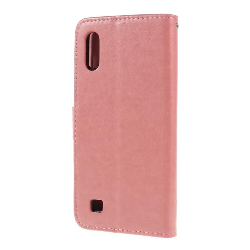 Flower PU kožené peněženkové pouzdro na mobil Samsung Galaxy A10 - růžové