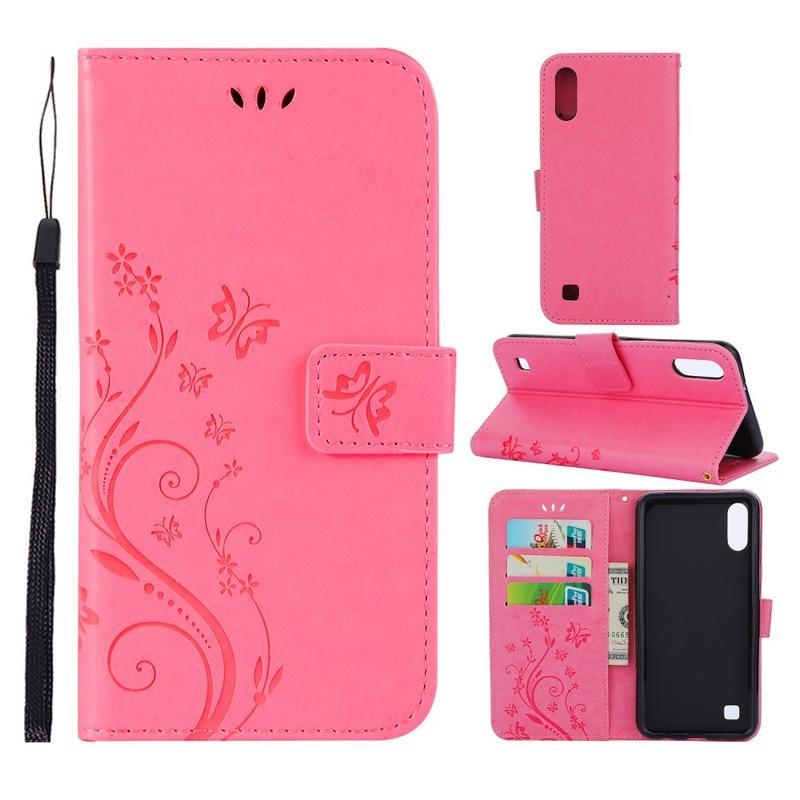 Flower PU kožené peněženkové pouzdro na mobil Samsung Galaxy A10 - růžové