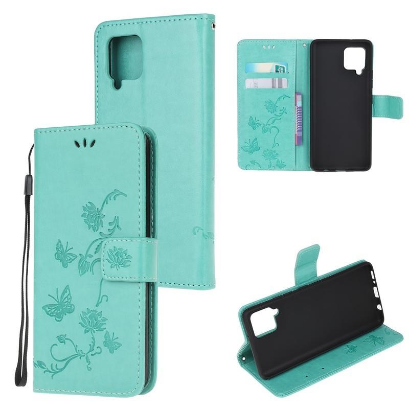 Flower PU kožené peněženkové pouzdro na mobil Samsung Galaxy A12/M12 - cyan
