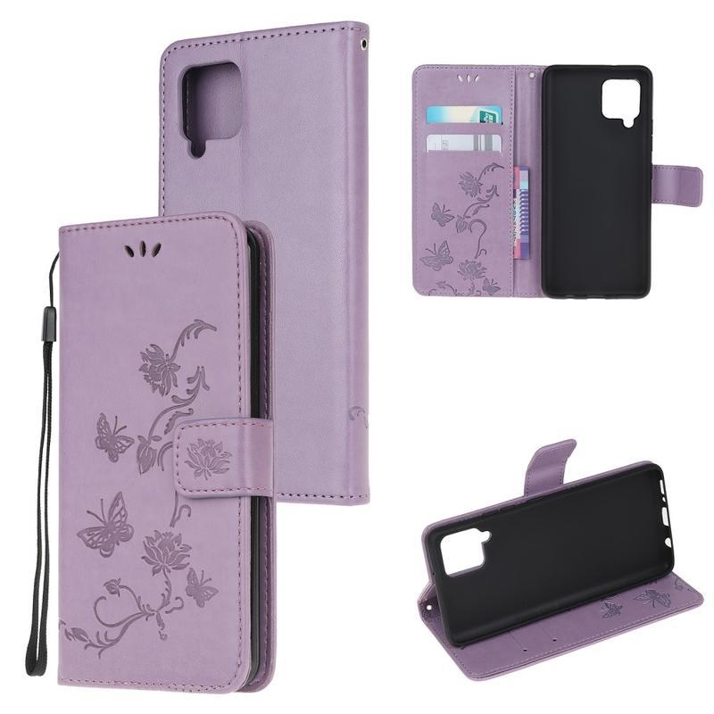 Flower PU kožené peněženkové pouzdro na mobil Samsung Galaxy A12/M12 - fialové