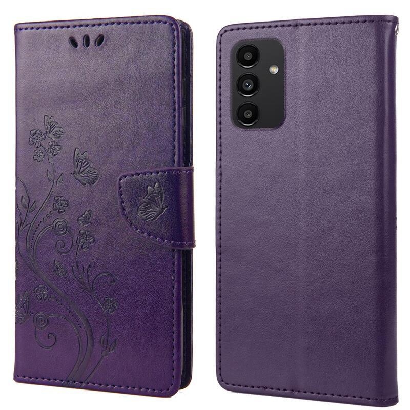 Flower PU kožené peněženkové pouzdro na mobil Samsung Galaxy A13 4G - tmavěfialové