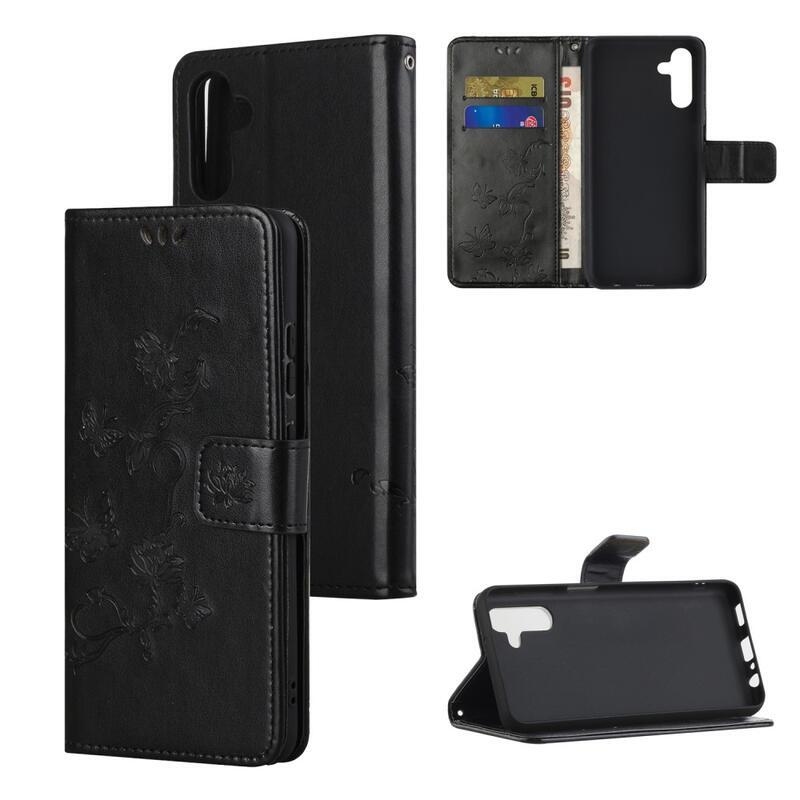 Flower PU kožené peněženkové pouzdro na mobil Samsung Galaxy A13 5G/Galaxy A04s (164.7 x 76.7 x 9.1 mm) - černé