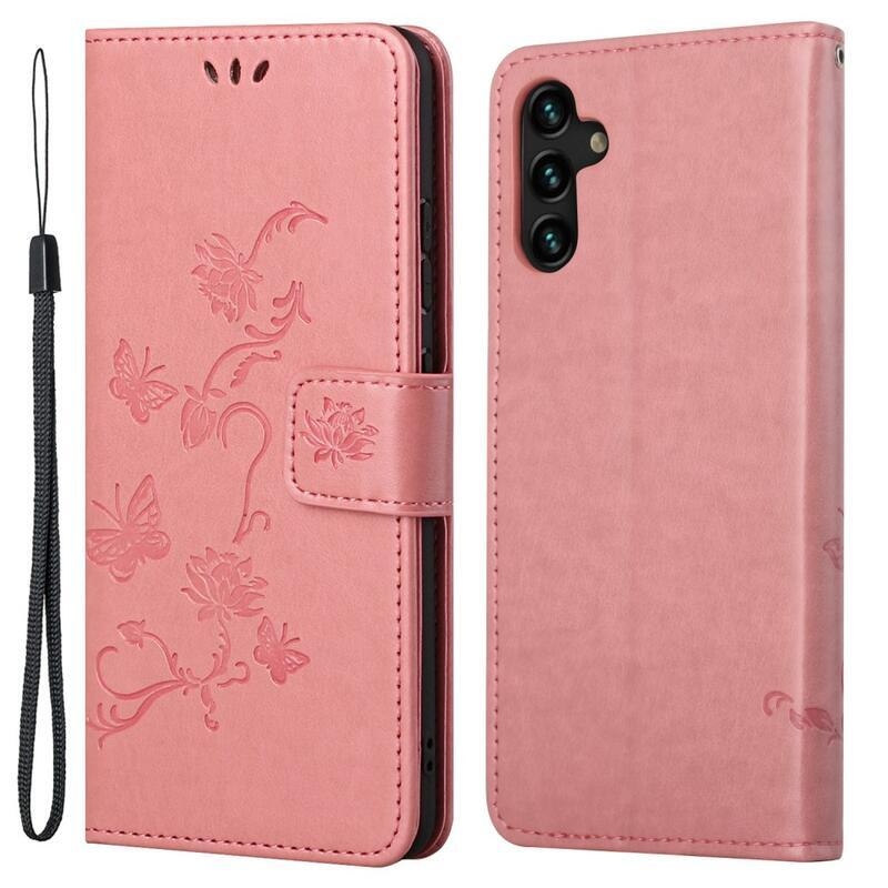 Flower PU kožené peněženkové pouzdro na mobil Samsung Galaxy A13 5G/Galaxy A04s (164.7 x 76.7 x 9.1 mm) - růžové